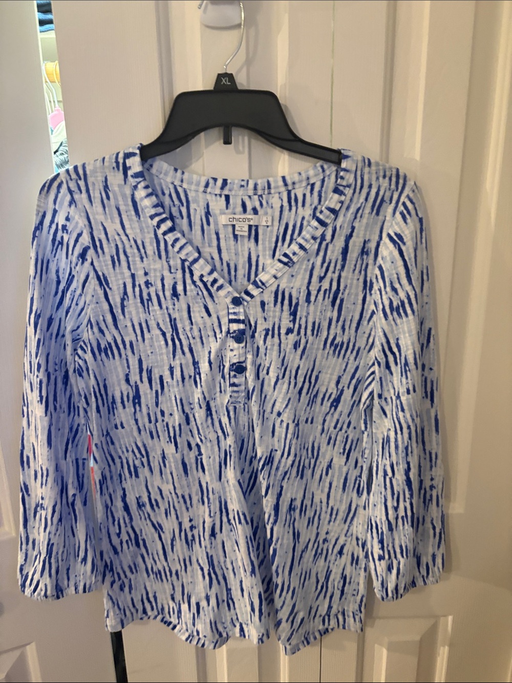 Size 1 Chico's White and Blue Button-Front V-Neck Blouse